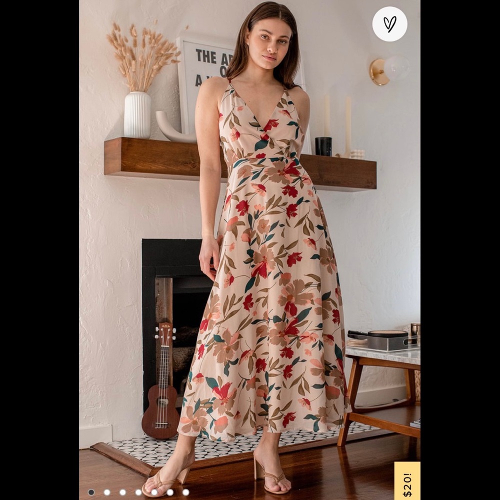 Lulus XL Resounding Beauty Beige Floral Print Surplice Maxi Dress